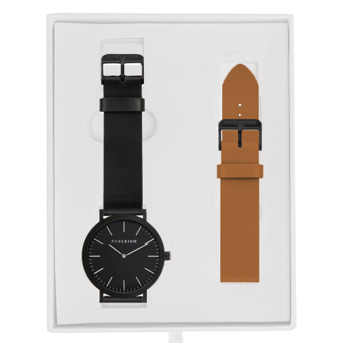 Black Black Foxleigh Watch with Tan Leather Strap Gift Box