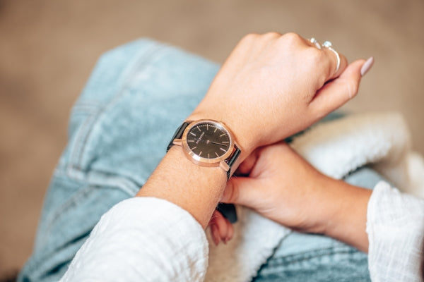 Mini Rose Gold & Black Leather Timepiece