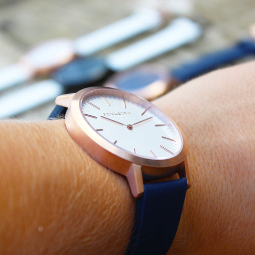Rose Gold Navy Leather Foxleigh Watch – Foxleigh Watches Eyewear