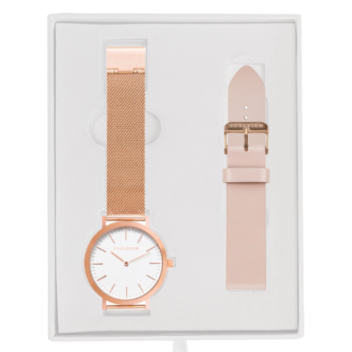 Rose-Gold-Mesh-Foxleigh-Watch-with-Peach-Leather-Strap-Gift-Box