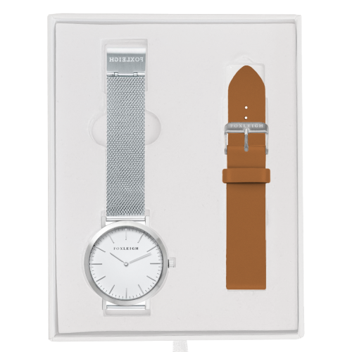 Silver-Mesh-Foxleigh-Watch-with-Tan-Leather-Strap-Gift-Box