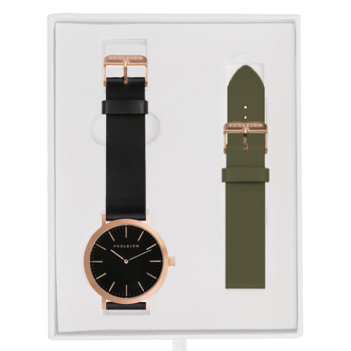 Rose-Gold-Black-Foxleigh-Watch-with-Khaki-Leather-Strap-Gift-Box
