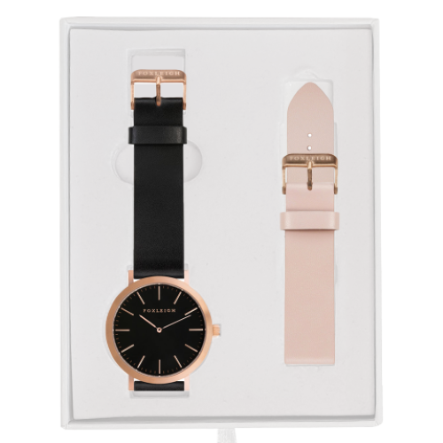 Rose-Gold-Black-Foxleigh-Watch-with-Peach-Leather-Strap-Gift-Box