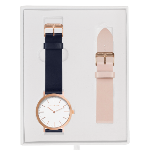 Rose-Gold-Navy-Foxleigh-Watch-with-Peach-Leather-Strap-Gift-Box