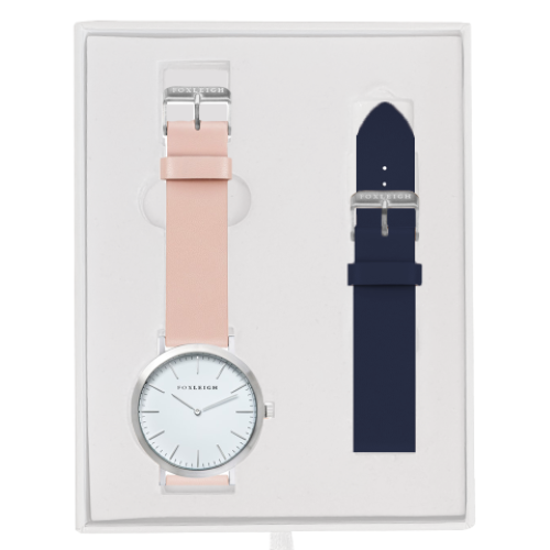 Silver-Peach-Foxleigh-Watch-with-Navy-Leather-Strap-Gift-Box